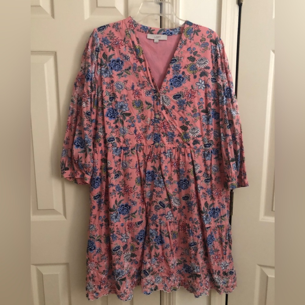 Loft Pink Floral Dress with embroidered hem.